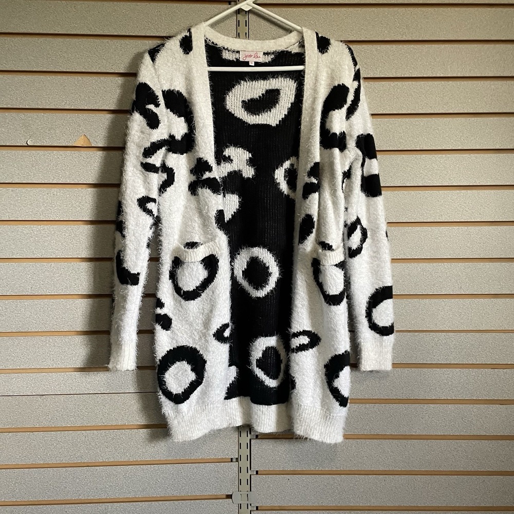 Jess Lea S Black White Cheetah Leopard Open Front Cardigan Pockets Feather Yarn - Picture 1 of 6